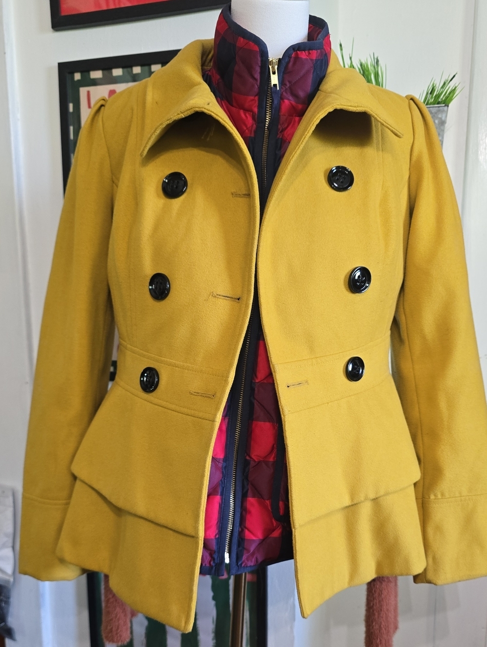 Decree Mustard Double-Breasted Peplum Pea Coat Large
